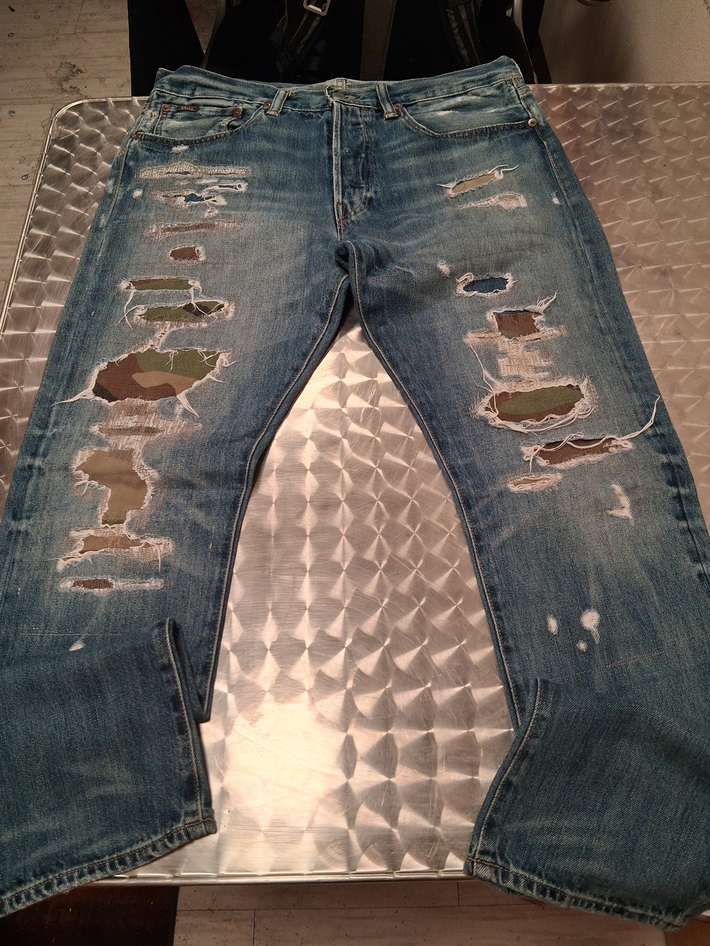 New Polo by Ralph Lauren Distressed Blue Jeans with Camo Underpatches
